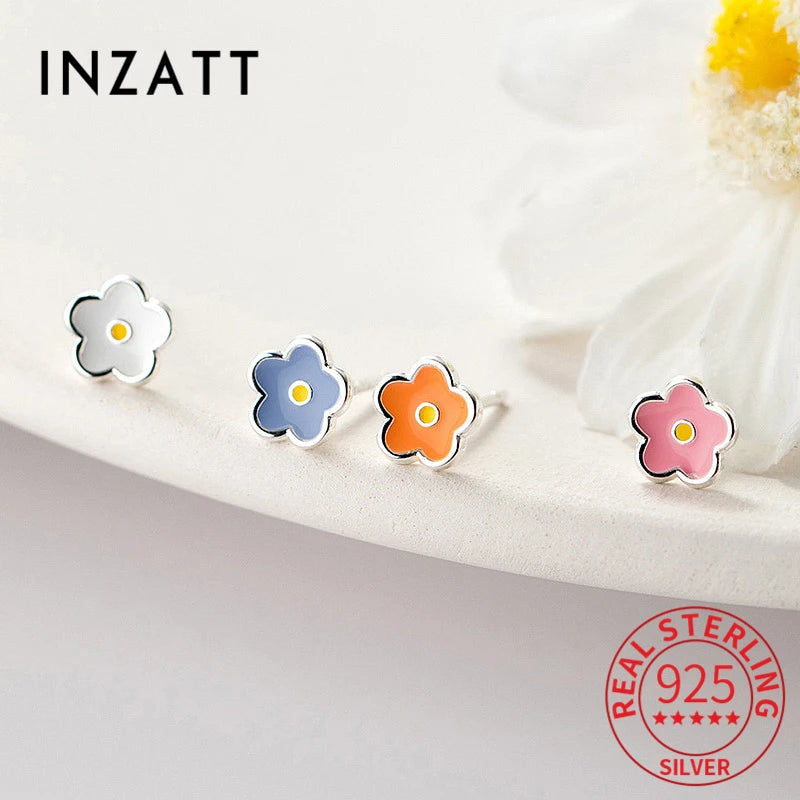 INZATT Real 925 Sterling Silver Painted Flowers Stud Earrings For Women Cute Fine Jewelry Minimalist Plant Bijoux