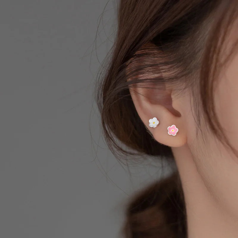 INZATT Real 925 Sterling Silver Painted Flowers Stud Earrings For Women Cute Fine Jewelry Minimalist Plant Bijoux
