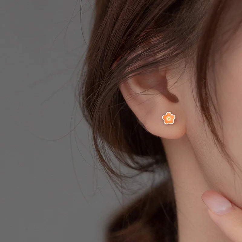 INZATT Real 925 Sterling Silver Painted Flowers Stud Earrings For Women Cute Fine Jewelry Minimalist Plant Bijoux