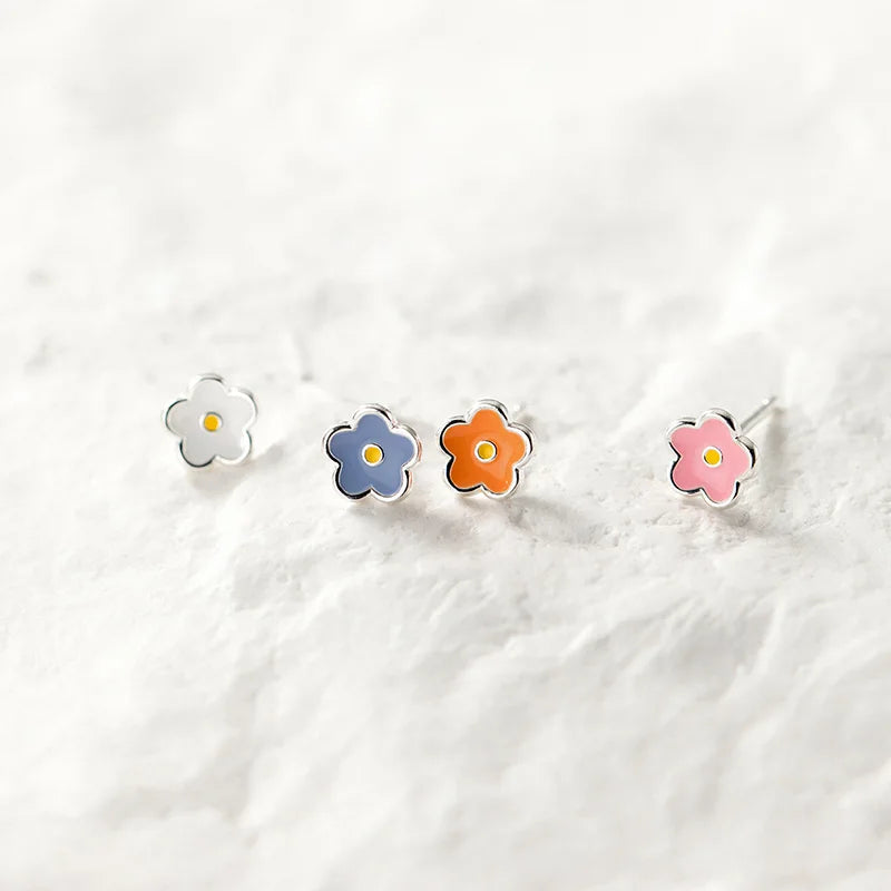 INZATT Real 925 Sterling Silver Painted Flowers Stud Earrings For Women Cute Fine Jewelry Minimalist Plant Bijoux