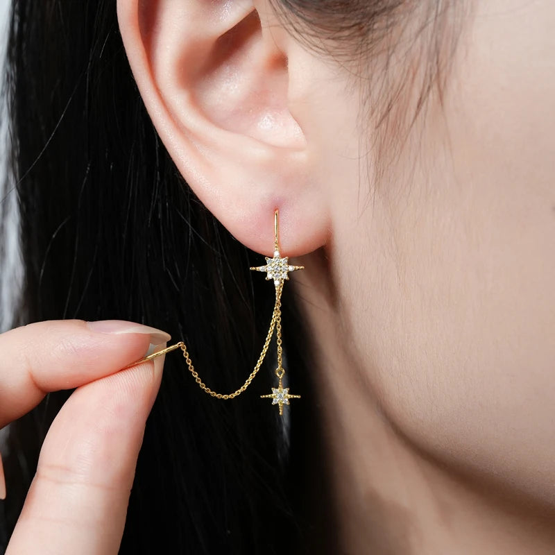 1.3mm&1.1mm&1mm&0.9mm Moissanite Diamond Star Ear Line Earrings for Women Silver 925 Real Jewelry Unique Birthday Party Gift